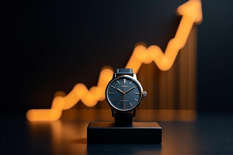 Luxury watch on a stand with a stock chart overlay, symbolizing value and investment