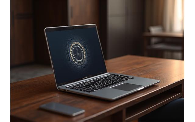 Sleek, limited edition designer laptop open on a modern desk, glowing softly