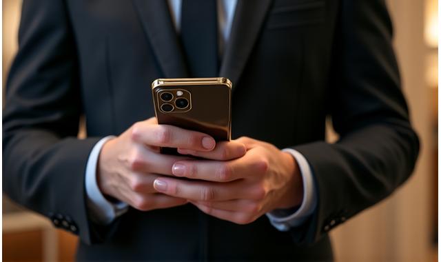 Elegant man holding a premium gold-accented smartphone