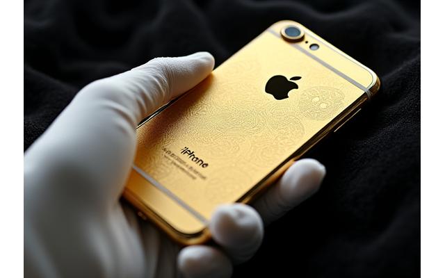 Close-up view of an iPhone with intricately custom-gold-plated chassis and unique engravings