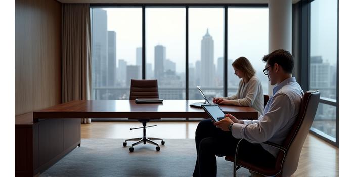 Elegant home office setup with a high-end laptop and a man reviewing documents on a tablet