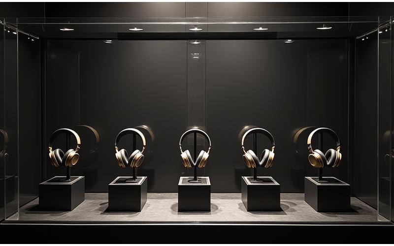 A collection of rare, collectible luxury headphones displayed in a secure, curated environment
