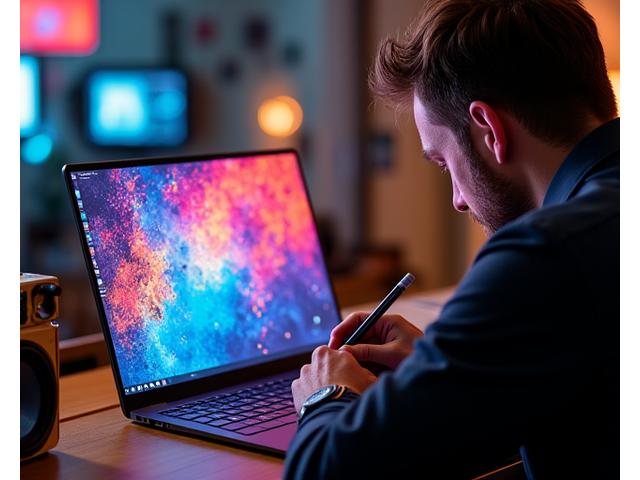 Creative professional working on graphic design software on a high-resolution laptop screen