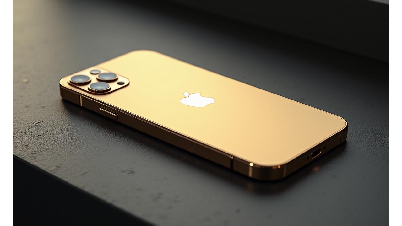 Golden iPhone 15 Pro Max on a minimalist luxurious dark surface