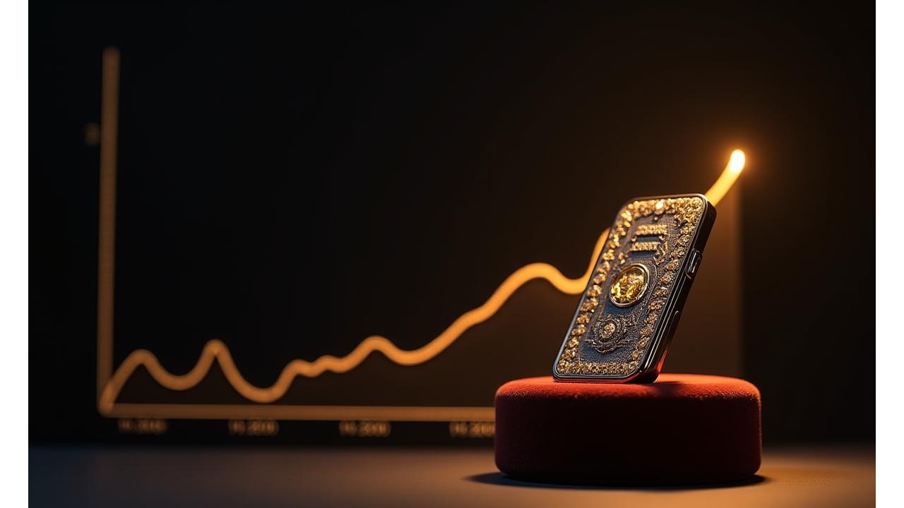 Financial chart showing the appreciation of luxury tech assets over time against a backdrop of a rare collectible smartphone