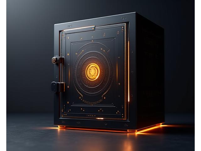 Illustration of a secure data vault with glowing access points, symbolizing strong data protection measures framed by a golden light.