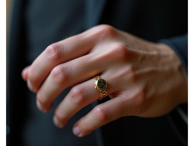 A finely crafted smart ring on a man's hand with intricate details and a subtle digital display.