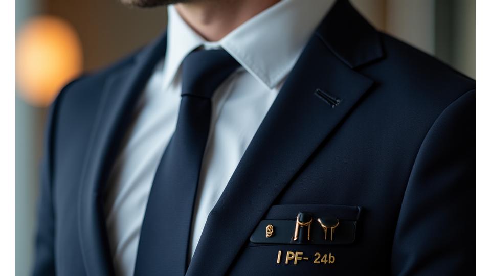 A man in a sharp business suit wearing a discreet high-tech lapel pin, blending seamlessly with his elegant attire.