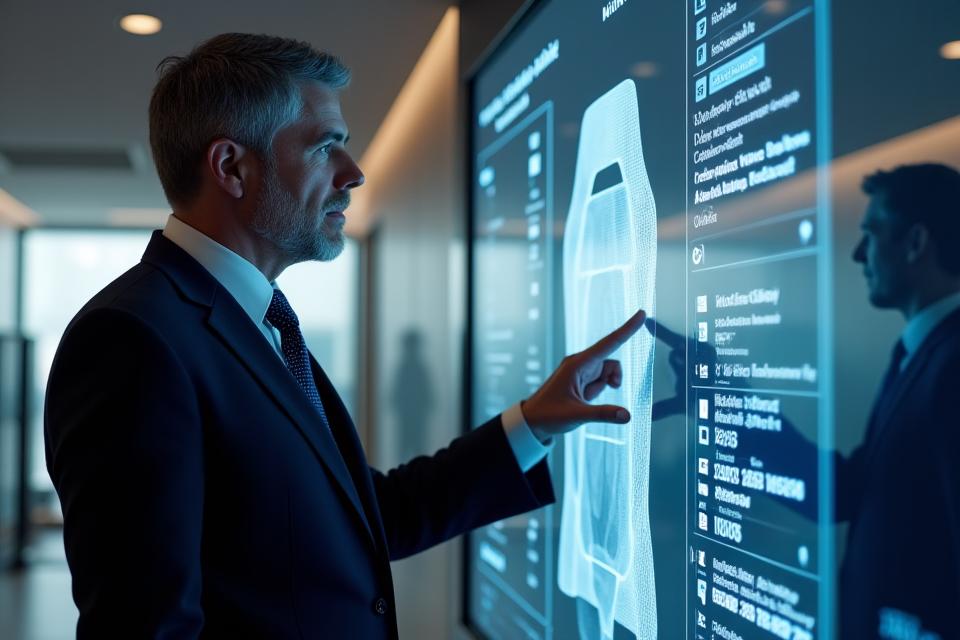 A distinguished technology specialist engaging in a virtual consultation with a client on a sleek, modern screen