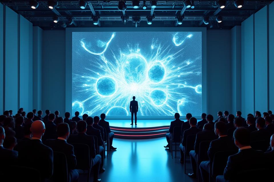 A virtual stage showcasing a new luxury gadget launch event with holographic elements and elegant audience avatars